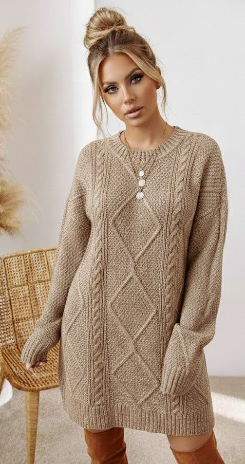 Strickkleid Damen Cable-Knit - Elegantes Sweater Dress mit Rundhalsausschnitt