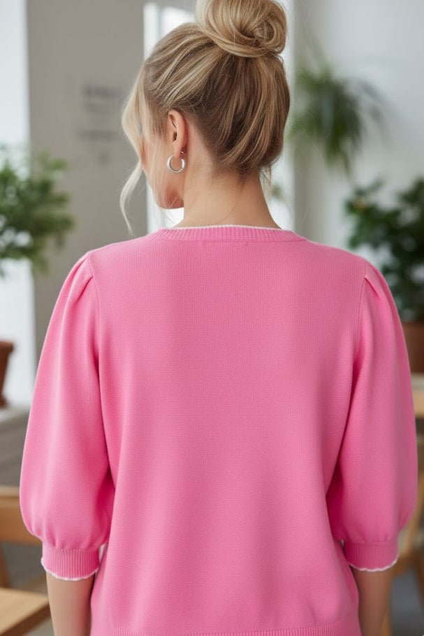 Rosa Pullover mit Schleifen-Print – Drop Shoulder Sweater