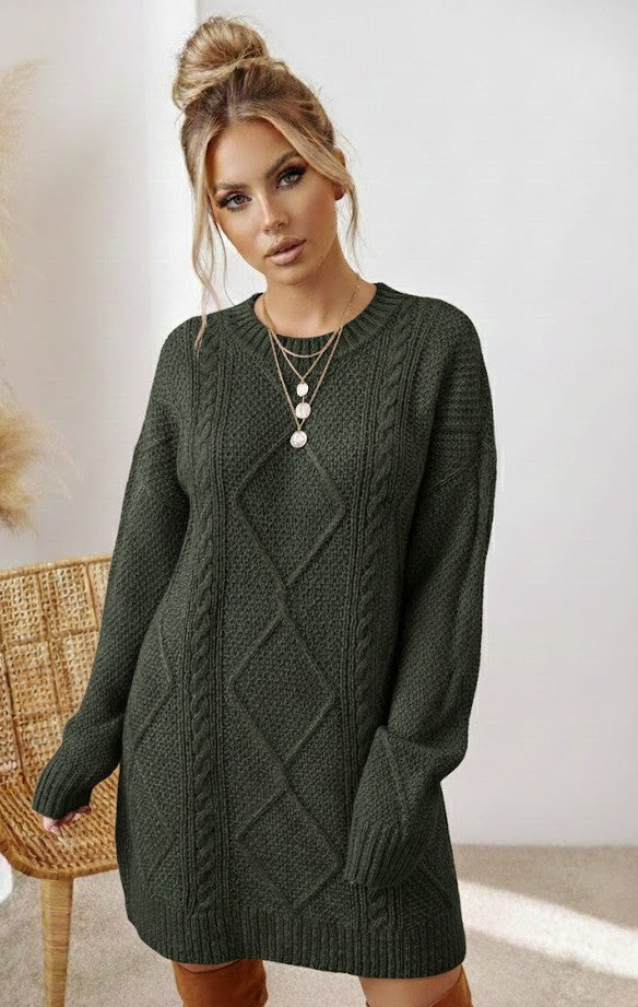 Strickkleid Damen Cable-Knit - Elegantes Sweater Dress mit Rundhalsausschnitt