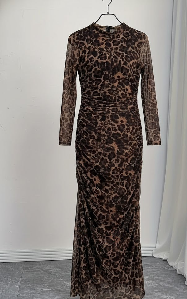 Leoparden-Print Maxikleid Langarm – Elegantes Abendkleid mit Raffung
