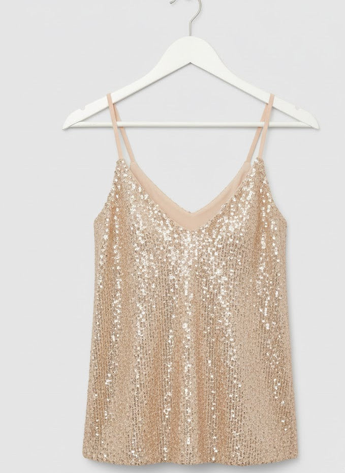 Pailletten Top Damen Champagner Gold – V-Ausschnitt Spaghettiträger