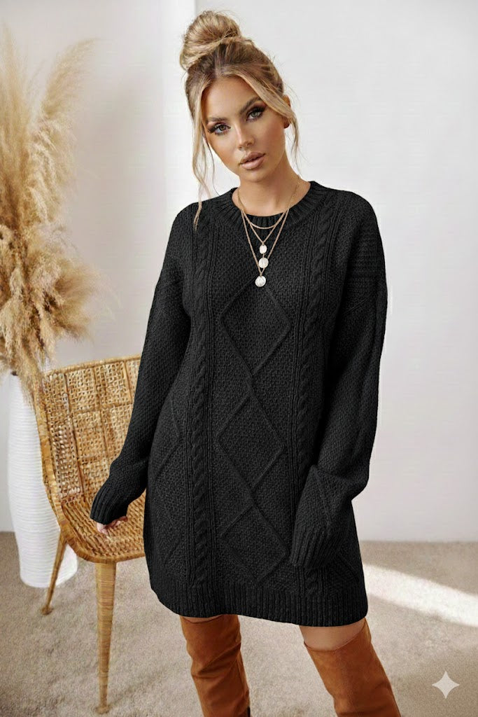 Strickkleid Damen Cable-Knit - Elegantes Sweater Dress mit Rundhalsausschnitt