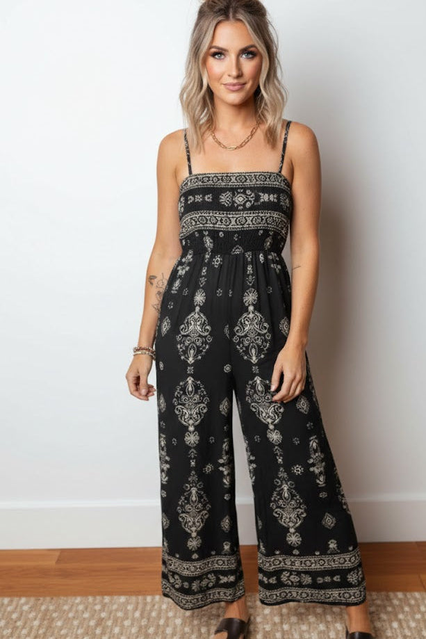 Boho Jumpsuit Damen Schwarz | Ethnic Print Wide Leg | Sommer Overall