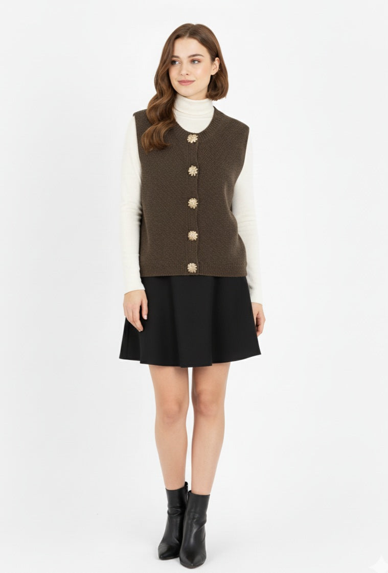 Damen Weste Braun – Elegant mit Gold-Knöpfen für Herbst & Winter