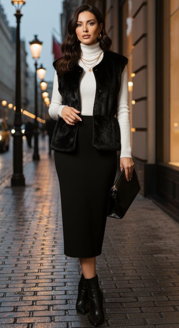 Damen Weste Schwarz – Elegant mit V-Ausschnitt, Knöpfen & Taschen